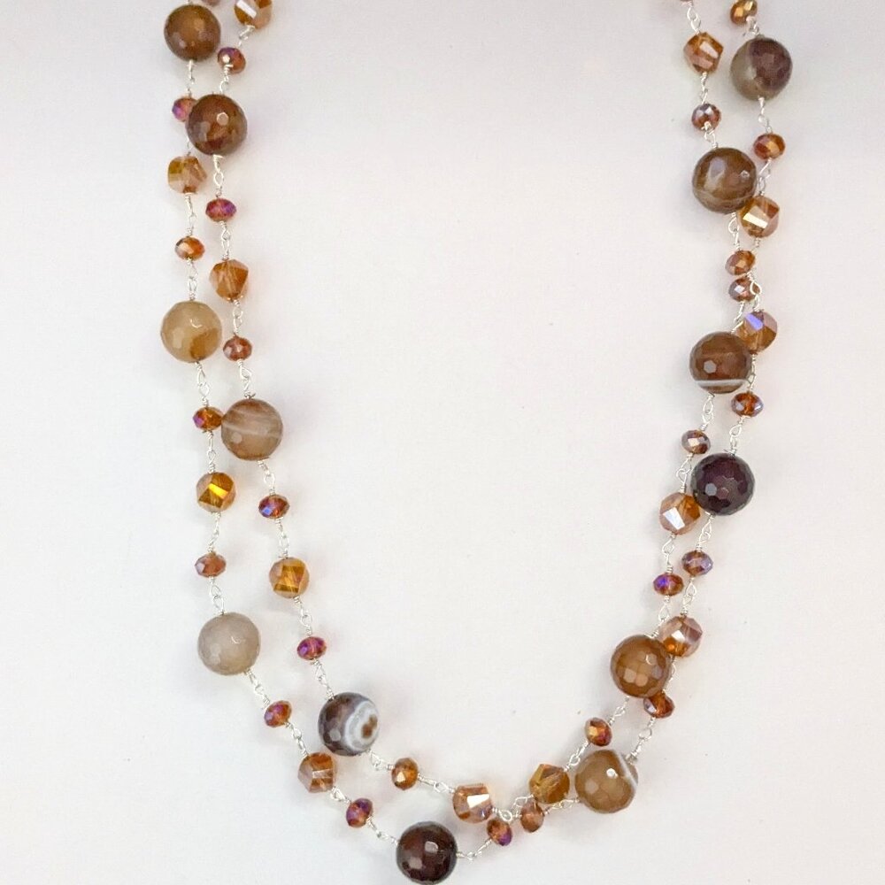925 Sterling Silver Faceted Round Agate Ball Station Long Length Necklace